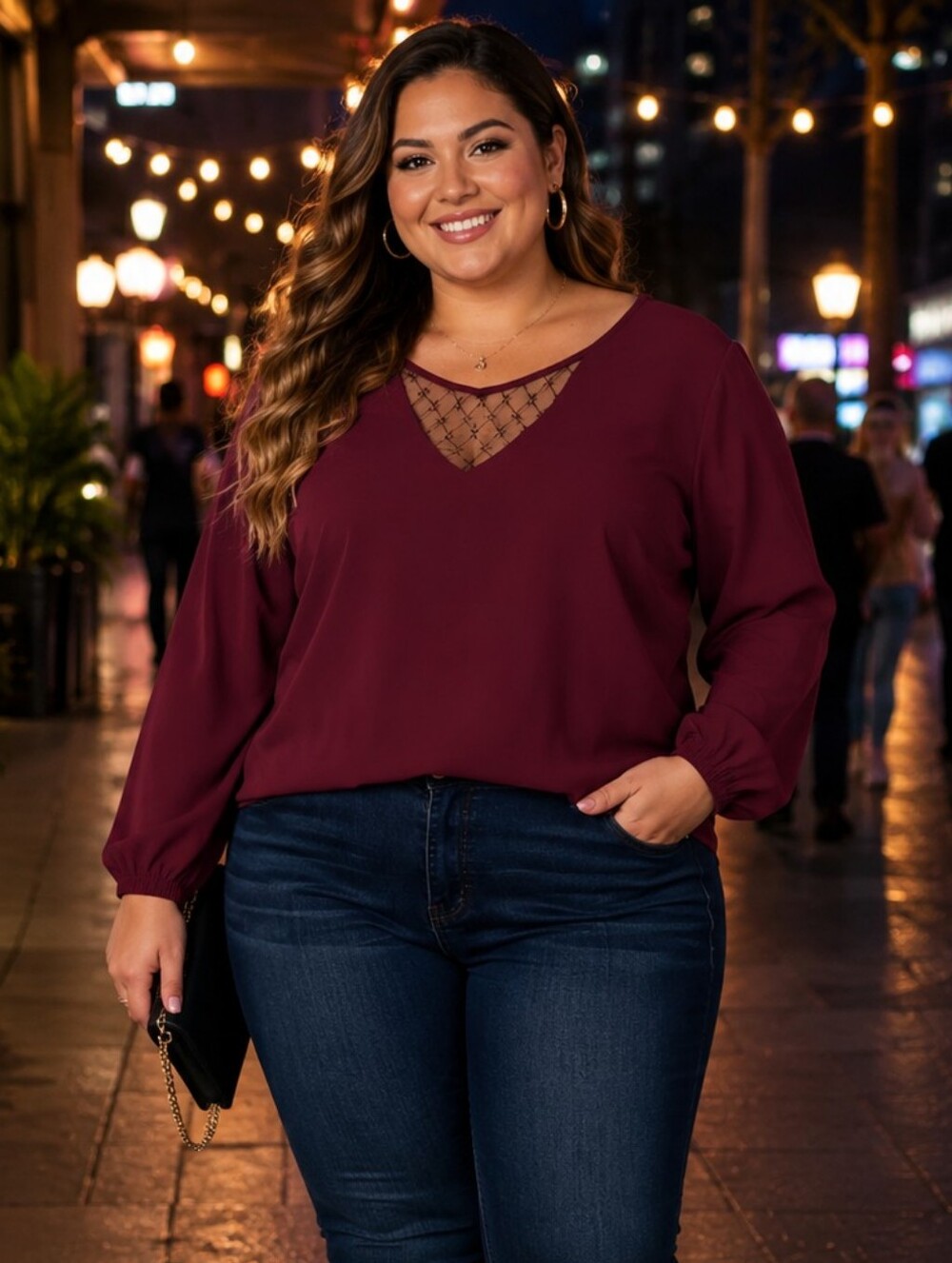 Agnes Orinda Burgandy V Neck Blouse With Lace Detail. NWT.